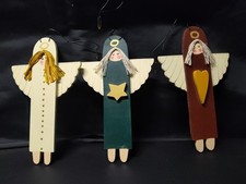 Primitive Wooden Ornaments 3 Angels Wall hanging Hand Painted Set of 3 7.5"x4.5"