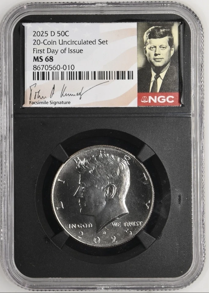 2025 P & D KENNEDY NGC MS68 68 MEIO DÓLAR 2 CONJUNTO DE MOEDAS, PRIMEIRO DIA - 2 Conjunto de Moedas % - Imagem 2 de 4