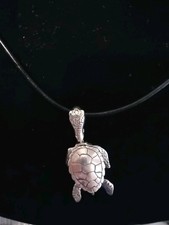 925 Sterling Silver 20 Inch Adjustable Leather Strap Moving Sea Turtle Necklace