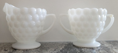 Anchor Hocking Bubble Milk Glass CREAMER & OPEN SUGAR BOWL DISH SET Retired MCM