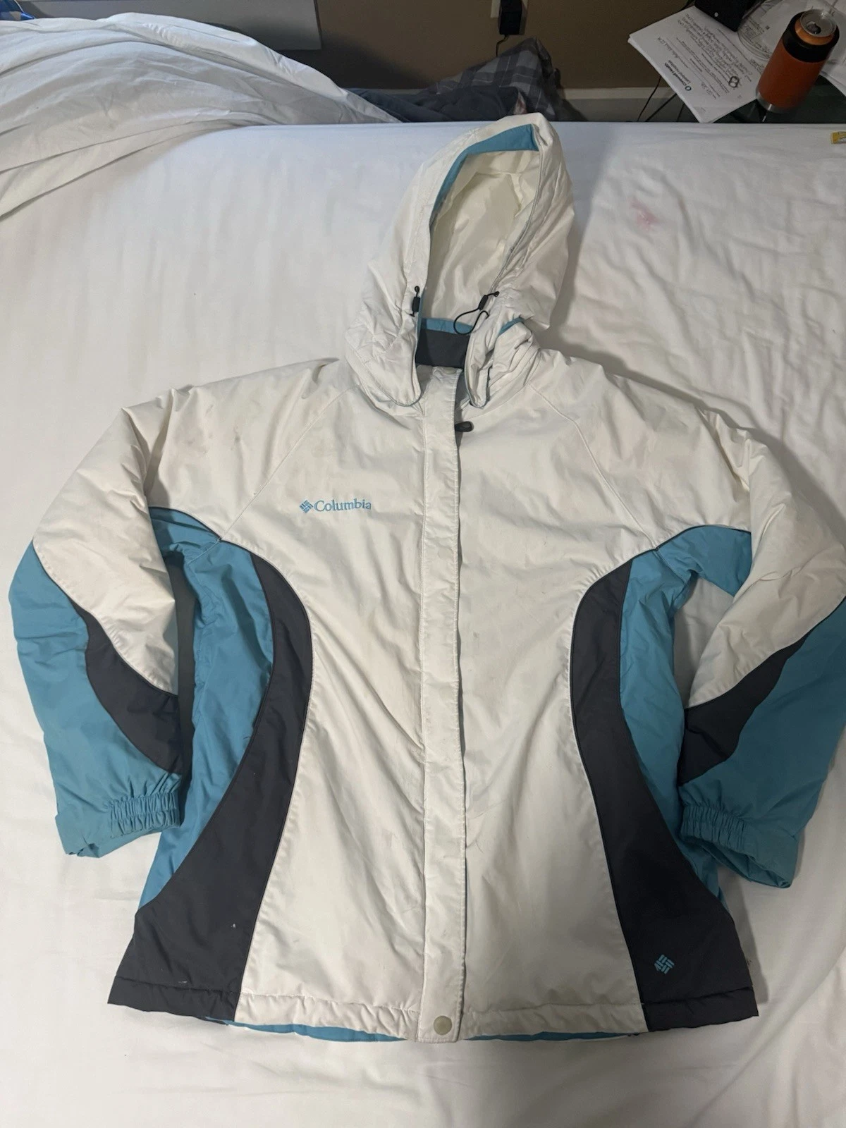 Columbia Jacket Womens Large White Blue Hooded Insulated Ski Snow Coat Winter