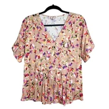 Dolan Anthropologie Medium Tan Floral Mitzi Pleated Ruffle Short Sleeve Blouse