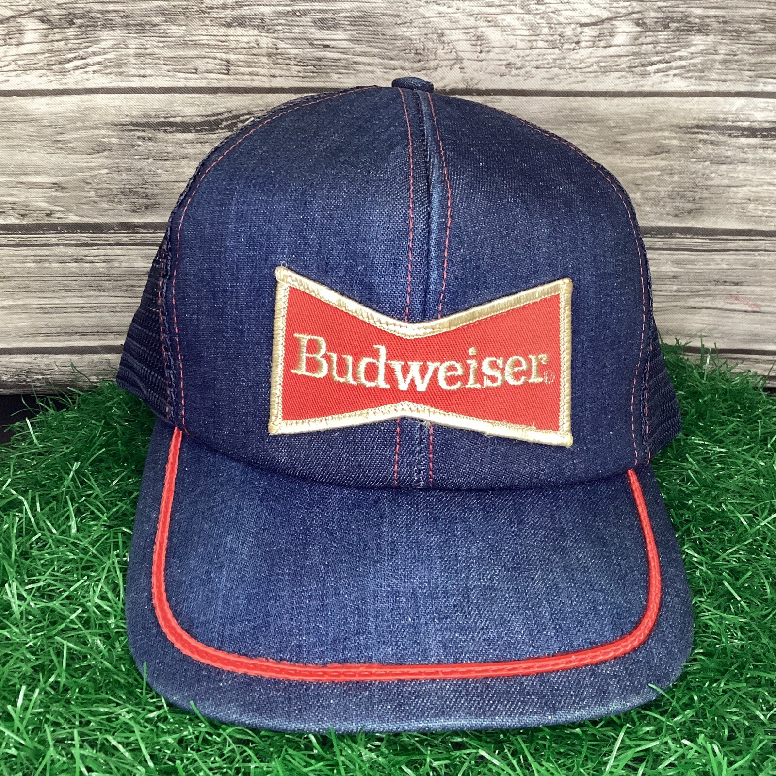 Vintage Budweiser Denim Trucker Hat Cap Mesh Back Patch Official 80s 90s
