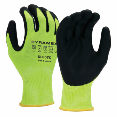 Pyramex GL607C Hi-Vis A4 Cut Micro-Foam Nitrile Dipped Gloves, Hi-Vis Green