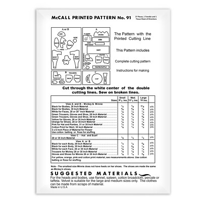 Mickey & Minnie Mouse Doll McCall s 91 Sewing Pattern Cloth Rag