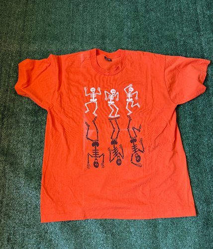 Vintage tanzendes Skelett Halloween T-Shirt Erwachsene XL orange hergestellt in den USA Einzelnaht