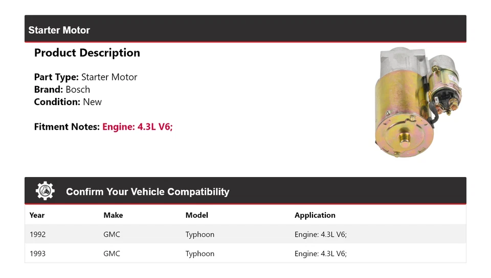 Arranque Bosch V6 4,3 L 1992-1993 GMC Typhoon (nuevo) Foto 2 de 4