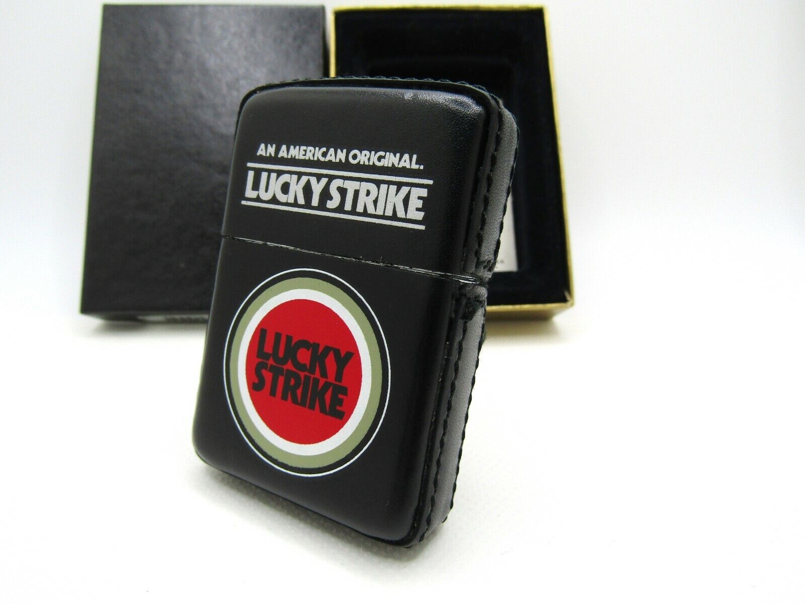 Lucky Strike Black Leather ZIPPO  MIB Rare