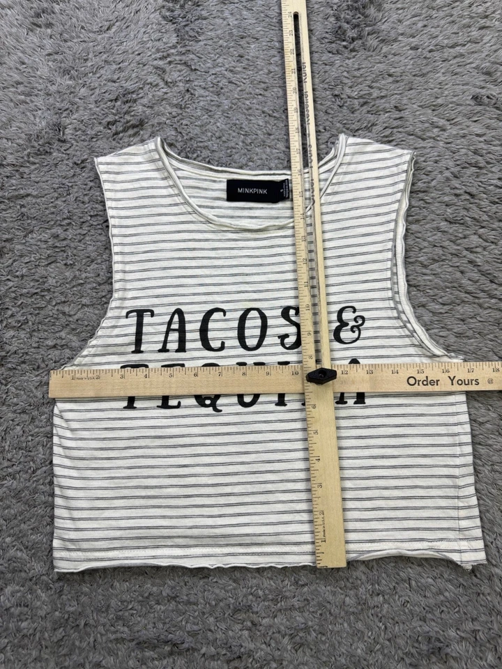 Camiseta sin mangas corta MinkPink para mujer pequeña blanca a rayas tacos y tequila Foto 4 de 4