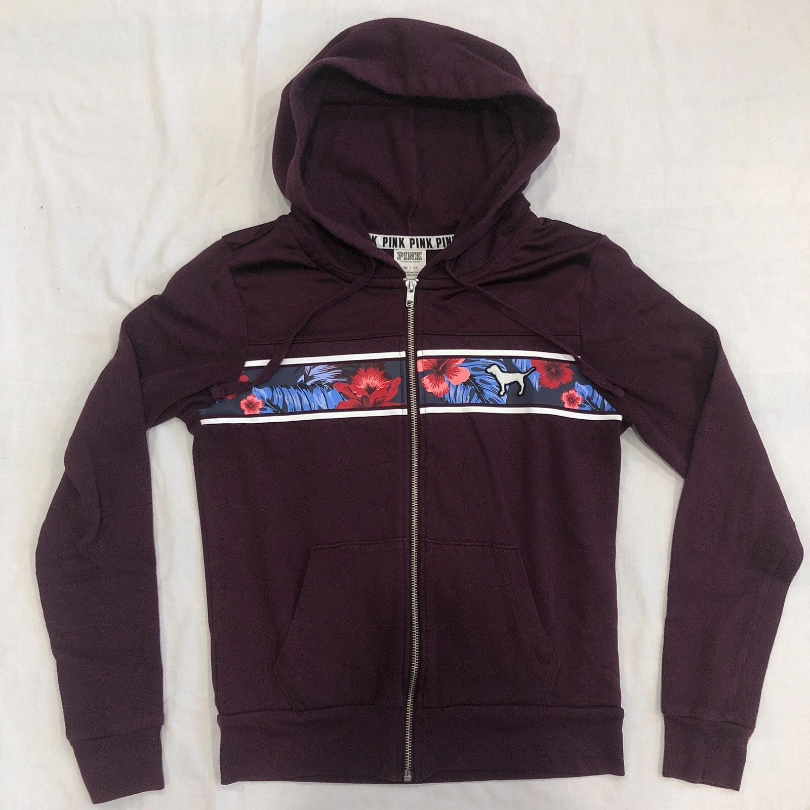 Pink Victoria’s Secret Full Zip Up Hoodie Pockets Floral Burgandy Red Size XS