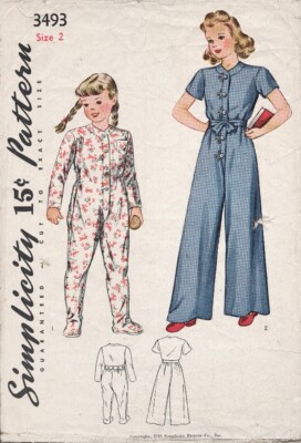 Simplicity Pattern 3493  1940 Girls Sleeping Suit or Pajamas Size 2