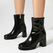 Women's Round Toe Block Heel Ankle Boots Side Zip Shiny Fashion Platform Shoes