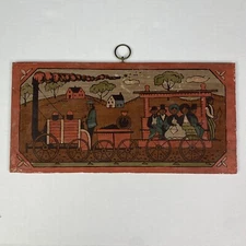 Vintage Wooden Wall Hanging Folk Art Train Countryside Town Folk Kitsch Retro