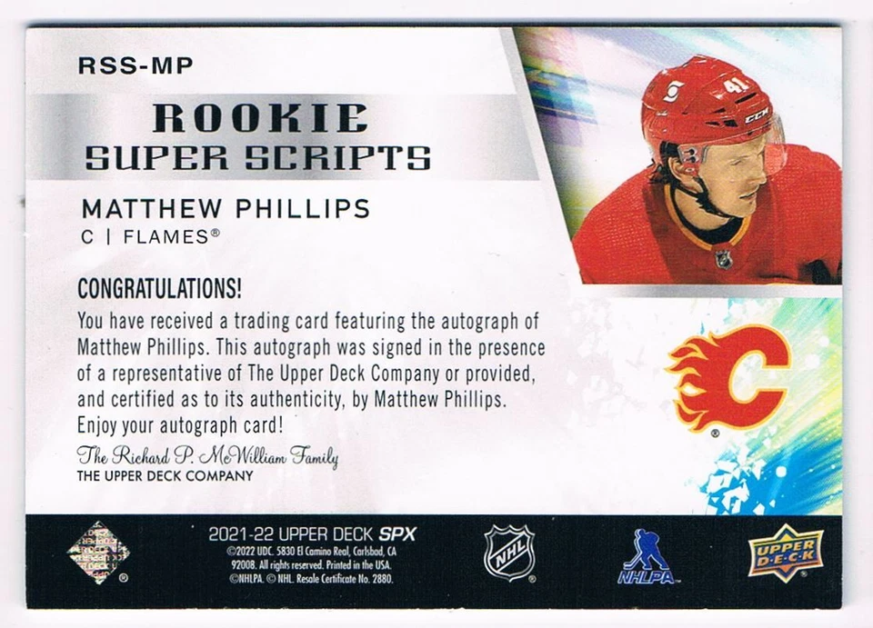 2021-22 SPX ROOKIE SUPER SCRIPTS MATTHEW PHILLIPS AUTO CALGARY FLAMES #RSS-MP - Image 2 of 2