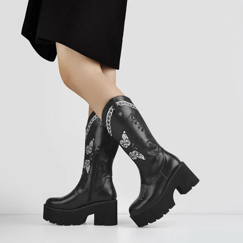 Botas vaqueras occidentales bordadas para mujer botas de tacón ancho plataforma media pantorrilla - Imagen 1 de 15
