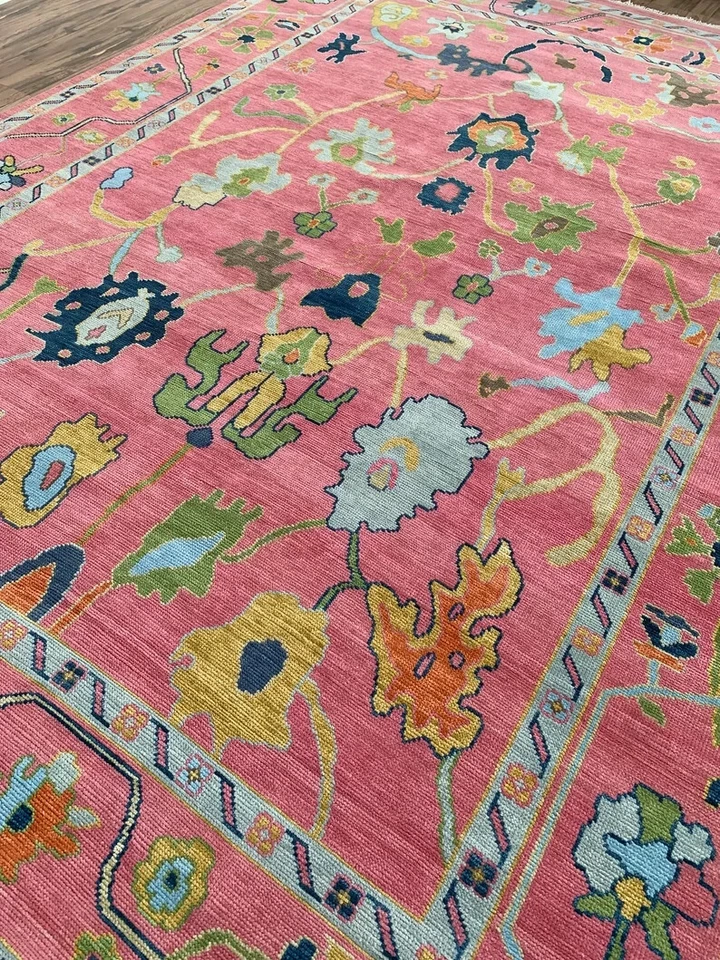 Hand Knotted Pink Turkish Knotted Area Bedroom Rug Oushak Custom Carpet - Image 3 of 4
