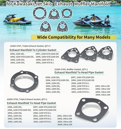for 1996-2004 Kawasaki 1100 ZXI STX Ultra 130 Exhaust Gasket Kit 11060-3756 5pcs - Picture 3 of 14