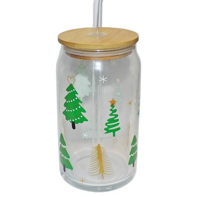 Gem Imports Ltd Trinkglas Mit Deckel Und Strohhalm - Weihnachtsbäume