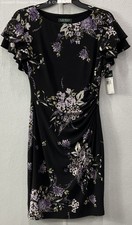 NWT Lauren Ralph Lauren Dress Black Purple Floral Drape Cap Sleeve Dress SZ 2