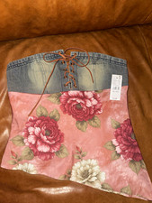 NWT Beverly and Beck Floral Denim Strapless Lace-Up Zipper Side Corset Top Sz S