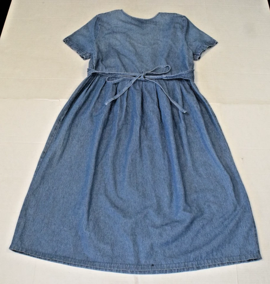Vestido Vintage Sophia Rose Tamanho 10 Anos 80 Azul Denim Bordado Amarrar Corpete Traseiro - Imagem 2 de 4