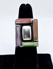 VTG TAXCO MCM Sterling Silver Multi-Gemstone Mosaic Inlay Ring Size 6 - 25.5g