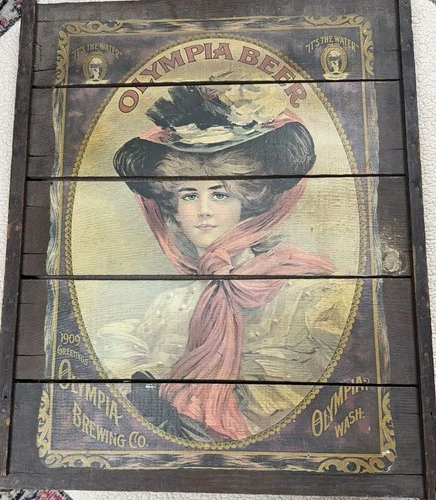 Vintage 30" X 24" Olympia Brewing Co Beer Girl Wood Plank Wall Sign RARE