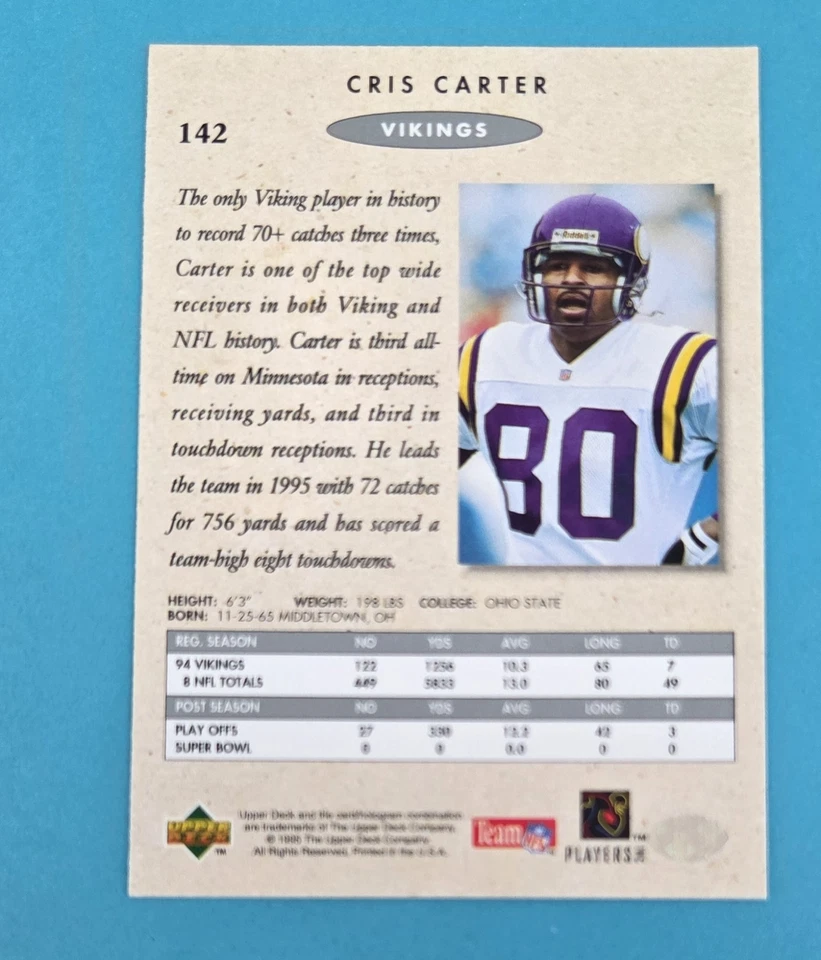 1995 SP Championship #142 Cris Carter Minnesota Vikings FOOTBALL Card U - Image 2 of 2