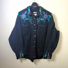 Rockmount Men  s 2XL Black Western Snap Shirt Purple/Turquoise Floral Embroidered