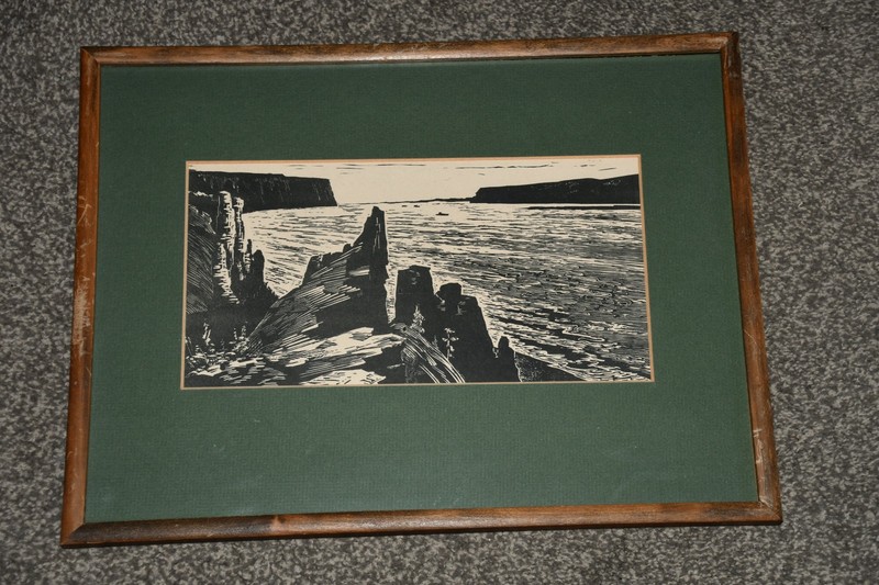 Woodcut print "Rugged Coast Line"  17x13" with frame.