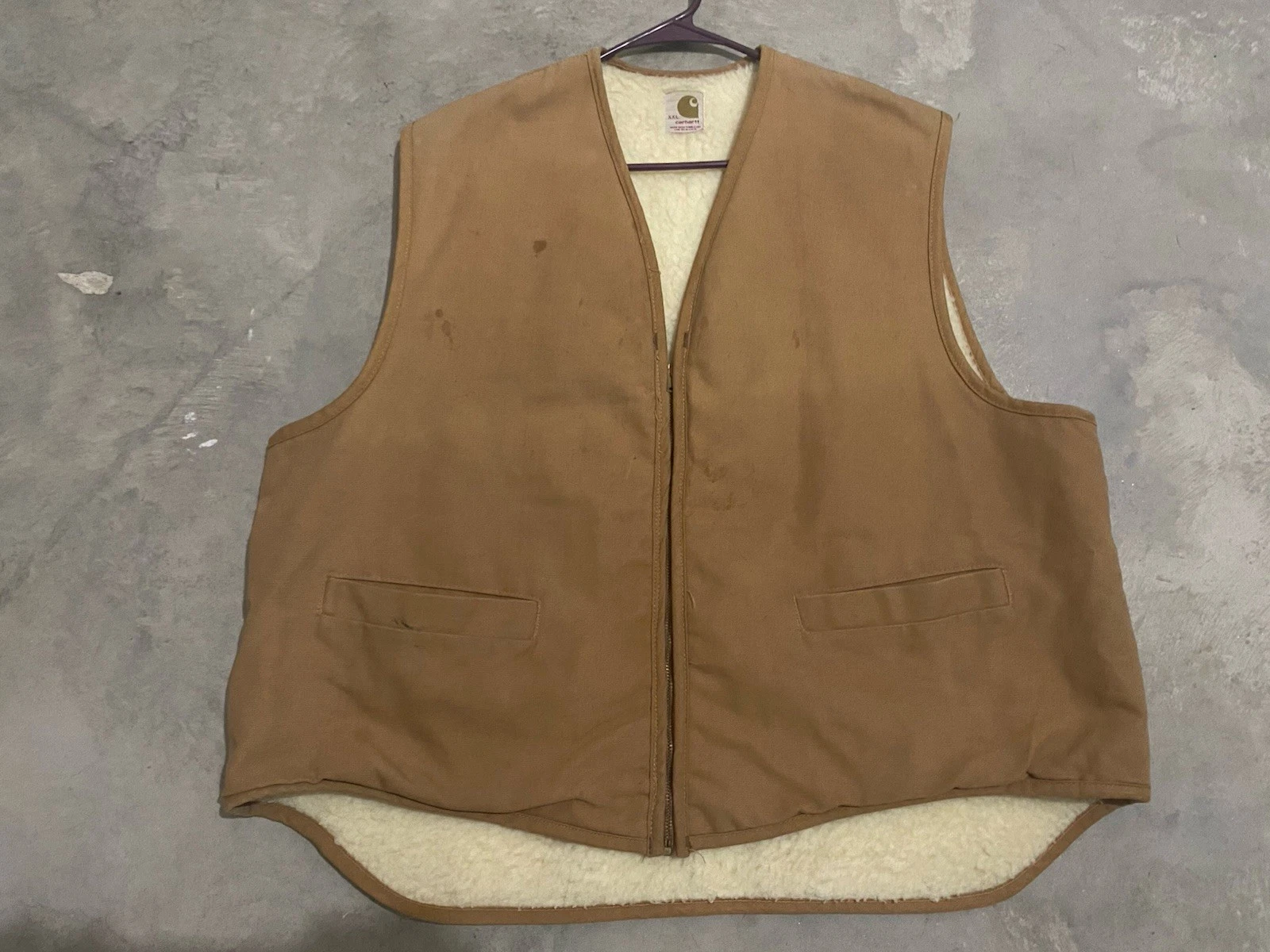 Vintage Carhartt 1970s Sherpa Lined Duck Vest Tan Scovill Made in USA Size XXL