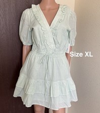Free Assembly Women's Tiered Ruffle Mini Dress with Short Puff Sleeves,Pistachio