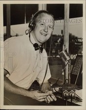 1954 Press Photo Sportscaster Jack Brickhouse Poses in Radio Booth - kfx06091