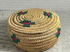 Small Handwoven Lidded Basket Trinket Box Woven Straw Boho Decor 4 Inches
