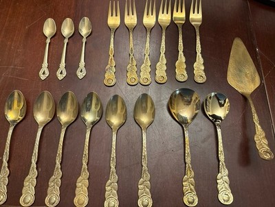 Antique Flatware 18 pcs Gold Toned Spoons ,Small Forks And More Rose Handle