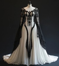 Black White Gothic Wedding Dress Long Sleeve Lace-up Corset Medieval Bridal Gown