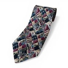 XMI Mens Silk Tie Geometric Abstract Multicolor Burgundy Blue Hand Made USA Silk