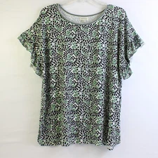 Max Studio Green Black White Floral Short Sleeve Shirt Pattern Women's Size 1X