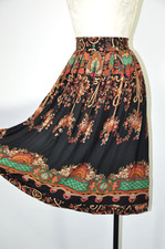 80s Vintage Black Autumn Brown Rayon Floral Garland Full Midi Skirt Women M L