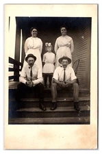 Antique Early 1910s- Family Portrait On Porch - Real Photo Postcard (UnPosted)