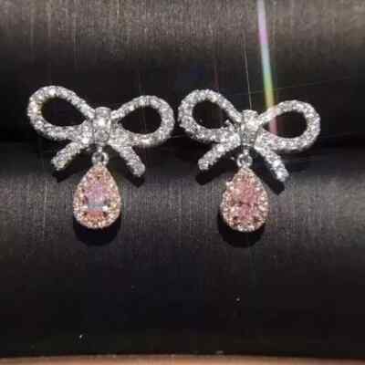 2Ct Pear Cut Lab-Created Pink Sapphire Bow Drop Earrings 14k White Gold Plated