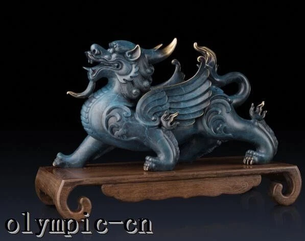 чистая латунь ручная роспись резной китайский дракон зверь Kylin статуя  - Изображение 3 из 4