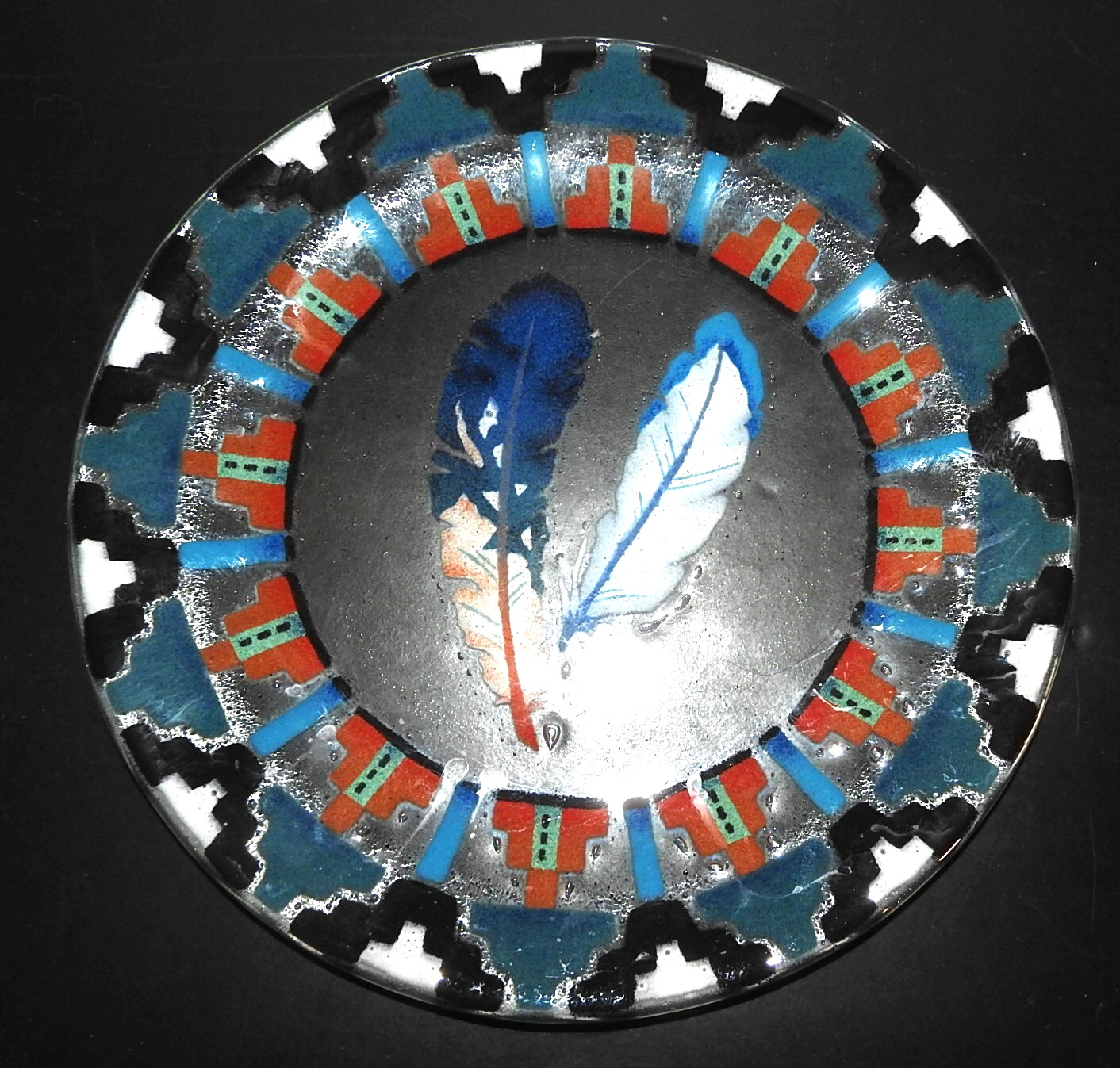 Vintage Fireglass Studio Handmade Fused Art Glass Feather Plate Signed/Dated '99