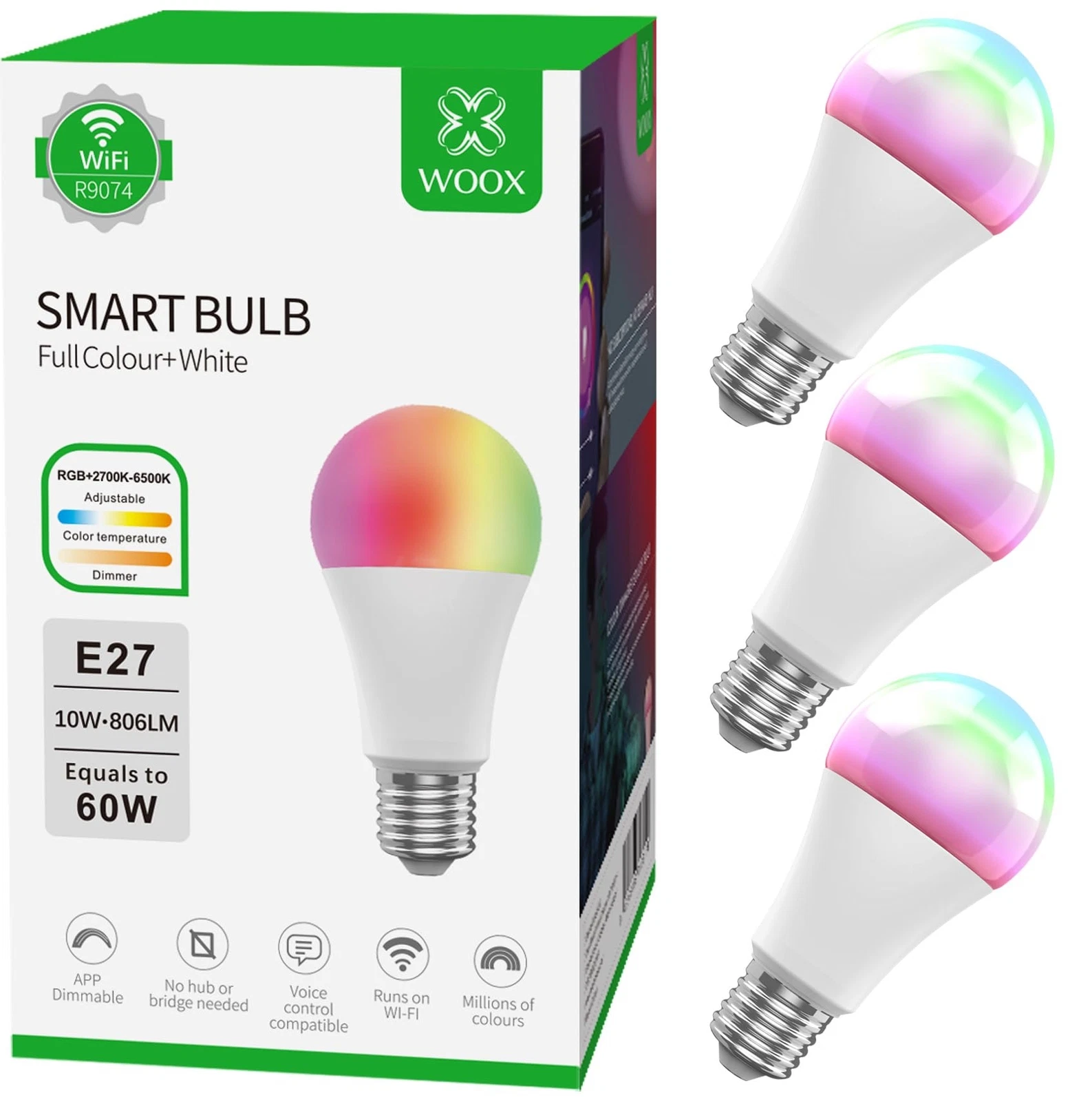 WOOX Smart WiFi Colour Bulbs 3 Pack E27