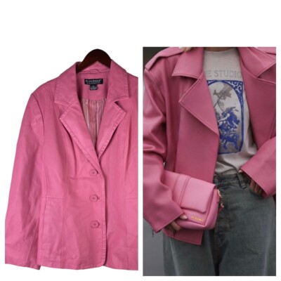 Vtg Dialogue Sz 1X 16 18 Jacket Coat 100% LEATHER Bright Pink Barbiecore #