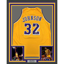 Framed Autographed/Signed Earvin Magic Johnson 35x39 LA Yellow Jersey BAS COA