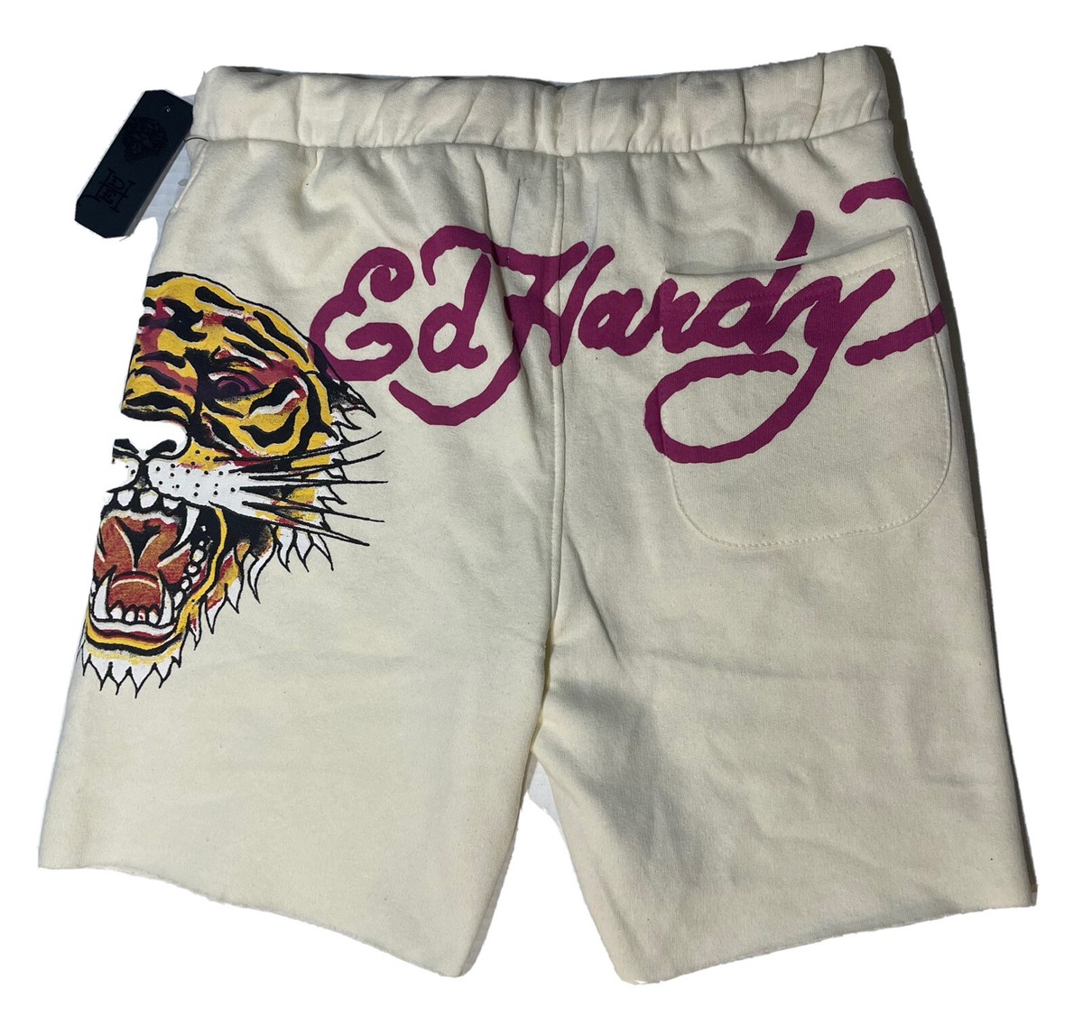 Ed Hardy Fleece Sweats Shorts Graphic Tiger Drawstring Cream