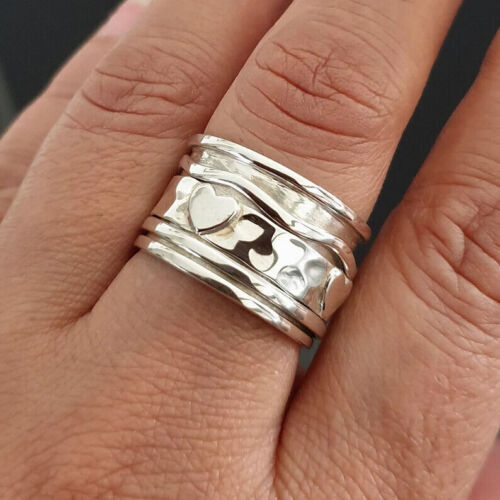 925 Sterling Silver Heart Spinner Statement Handmade Ring
