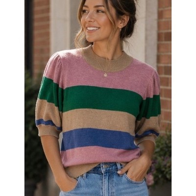 b.young Womens Puff Sleeve Sweater Multi Stripe Large NWT Mod Retro Chic Casual