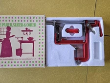 Vintage Bandwagon Apple Parer, Slicer & Corer in Box, Red Metal Tabletop Peeler